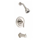 A Danze Antioch tub and shower trim kit with a satin nickel finish, including a shower head, tub spout, and a pressure balanced rough in valve.