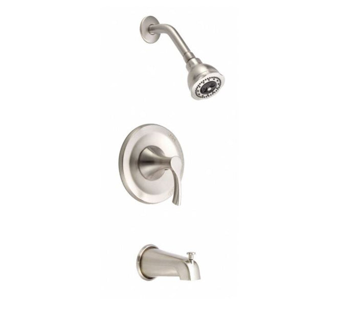 A Danze Antioch tub and shower trim kit with a satin nickel finish, including a shower head, tub spout, and a pressure balanced rough in valve.