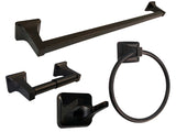 A set of dark oil rubbed bronze bathroom accessories including a towel bar, towel ring, toilet paper holder, and robe hook.