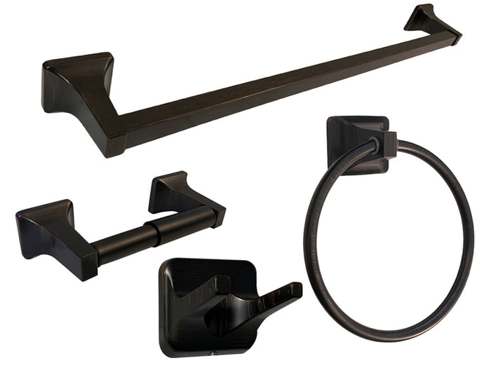 A set of dark oil rubbed bronze bathroom accessories including a towel bar, towel ring, toilet paper holder, and robe hook.