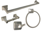 A set of satin nickel bath accessories including a towel bar, towel ring, toilet paper holder, and robe hook.