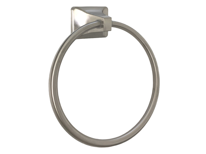 A satin nickel towel ring with a mounting bracket, screws, and drywall anchors.