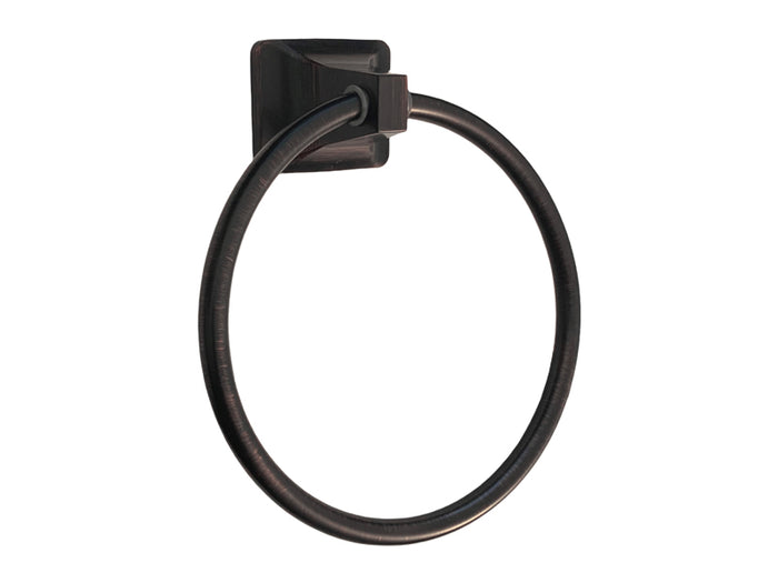 A dark oil rubbed bronze towel ring with visible plastic inserts at the base, against a white background.