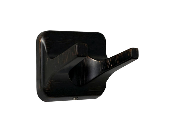 A dark oil rubbed bronze double robe hook with a rectangular base and two upward facing hooks.