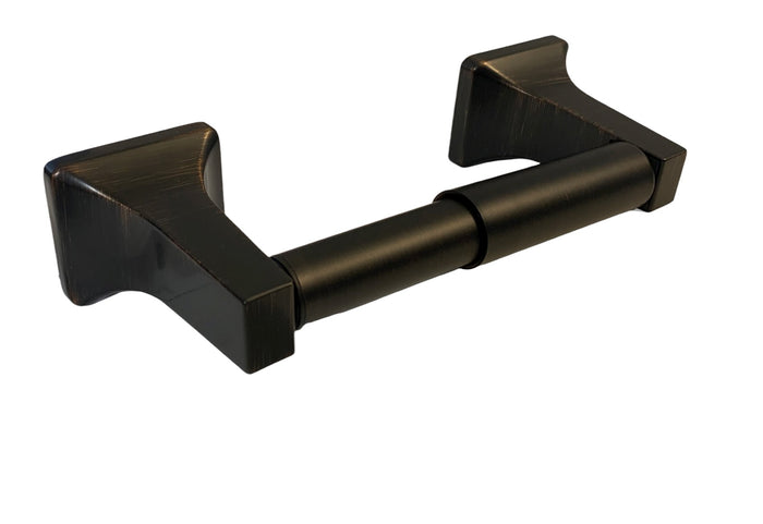 Dark oil rubbed bronze toilet paper holder with a rectangular base and a square bar.