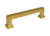 A satin brass square bar kitchen cabinet pull.