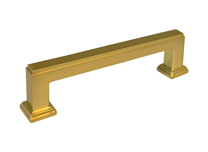 A satin brass square bar kitchen cabinet pull.