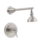 A satin nickel finish Danze Sonora single handle shower trim kit with a matching shower head and valve, displayed against a white background.
