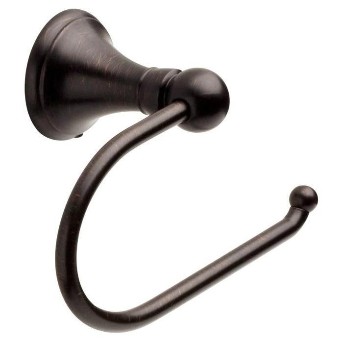 A wall-mounted Delta Peerless Lockhart toilet paper holder in Venetian Bronze finish.