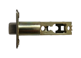 A satin nickel door latch replacement part with a round corner, designed to be used with Kwikset hardware.