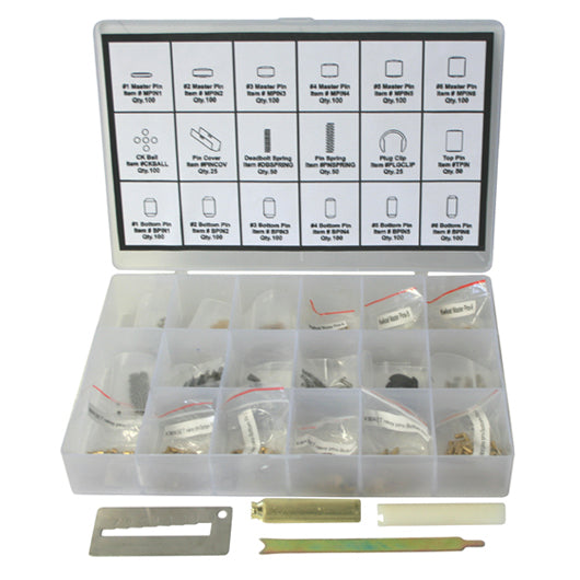 A plastic case containing various locksmith tools and components for a rekey kit, labeled with diagrams for identification.