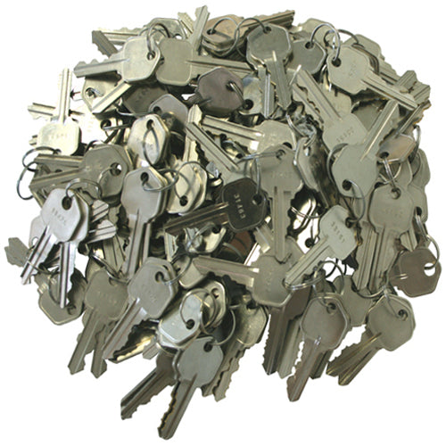 A collection of silver metal keys with various designs, grouped together.