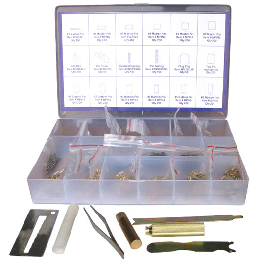 A Kwikset rekey pin kit in an open plastic box with various components like pins, springs, caps, and tools arranged in compartments.