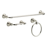 A set of Delta Lorain bathroom accessories including a 24-inch towel bar, toilet paper holder, and towel ring, all in satin nickel finish.