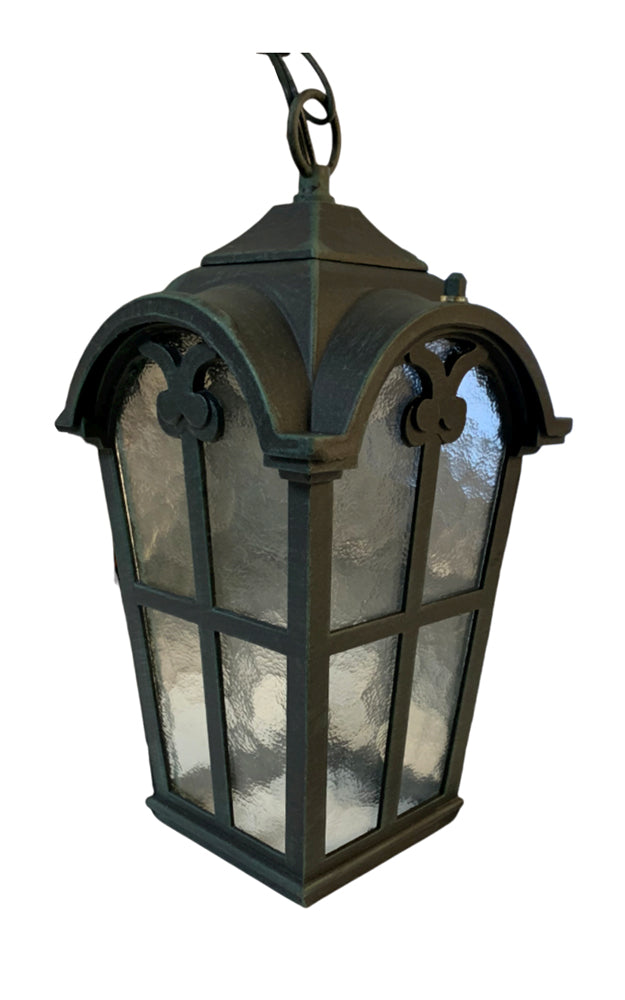 Outdoor hanging light fixture with a verdigris finish and textured glass panels, designed in a Victorian style with an adjustable hanging chain.