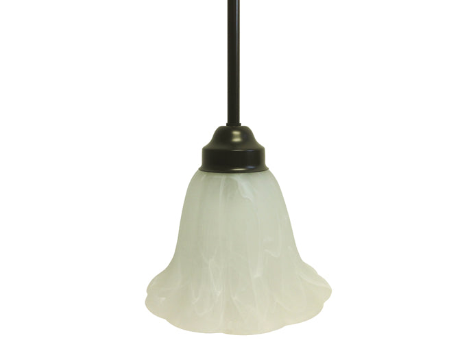 A single light pendant with a dark oil rubbed bronze finish and white alabaster glass, with visible wiring at the top.