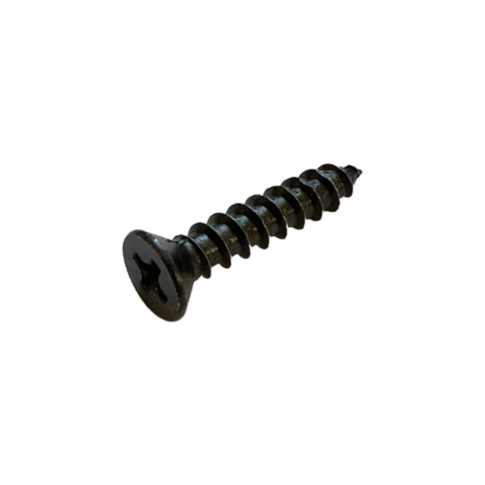 A single black finish wood screw with a flat head and a visible threaded shaft.