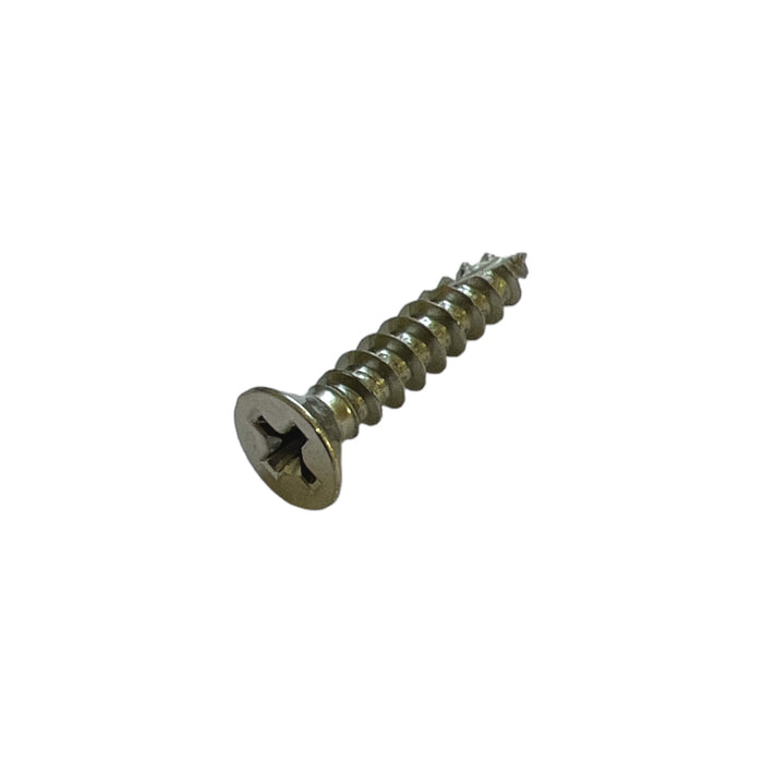 A single satin nickel finish wood screw with a flat head and Phillips drive style.