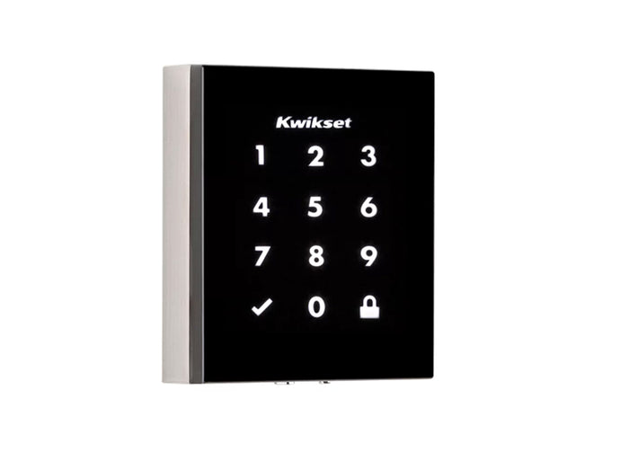 Kwikset Obsidian Satin Nickel Touchscreen Electronic Deadbolt with a numerical keypad and a digital display.