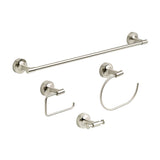 A Franklin Brass Voisin 4 piece bathroom accessory set including a towel bar, toilet paper holder, towel ring, and towel hook, all in satin nickel finish.