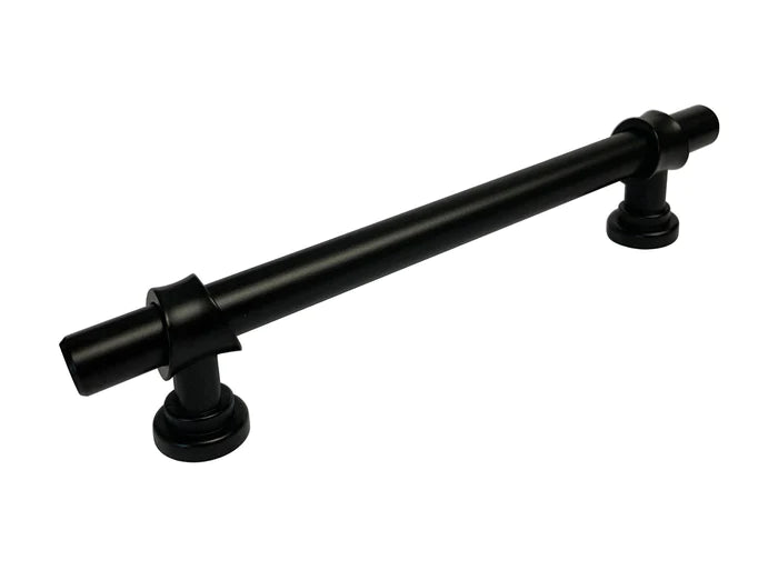A pair of black metal bar pulls for cabinets with a scratched finish.