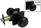 Black finish square plate entrance round knob with a keyhole on the front and a metallic interior mechanism.