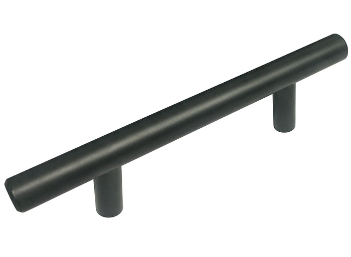 A black bar pull for cabinet hardware with a center to center measurement of 7-9/16 inches and an overall length of 12 inches.