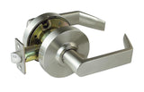 A satin chrome finish door handle with a lever and a round rose mounted on a door frame.