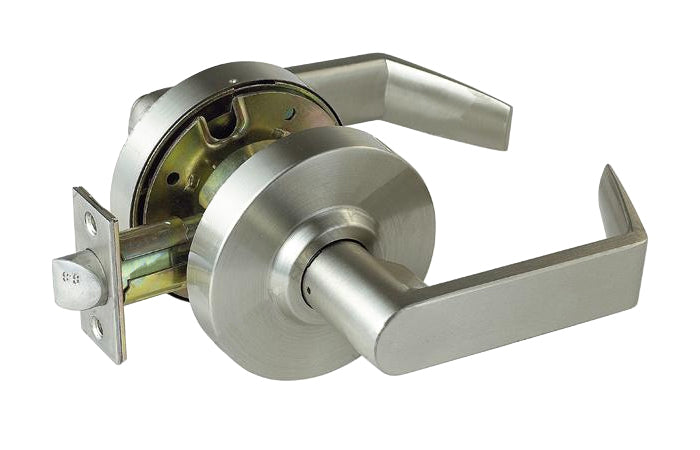 A satin chrome finish door handle with a lever and a round rose mounted on a door frame.