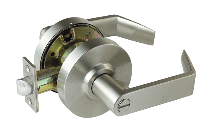 A satin chrome, heavy duty privacy door handle with a lever and a cylindrical rose.