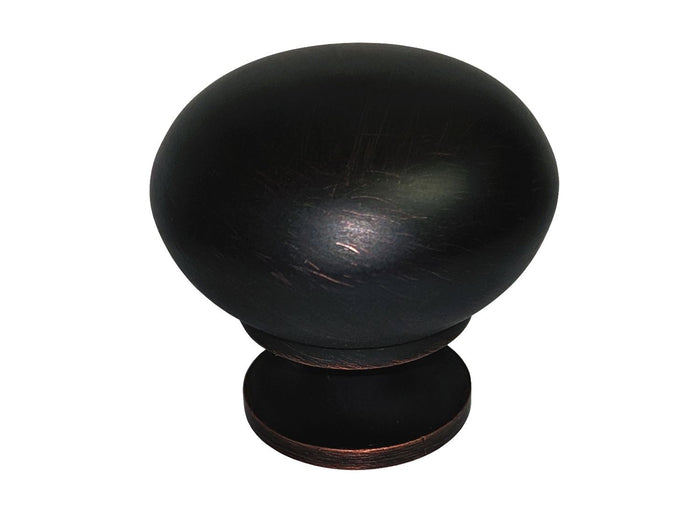 A dark oil rubbed bronze round kitchen cabinet knob.