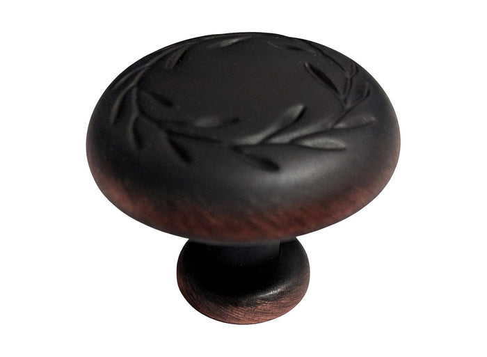 Dark oil rubbed bronze round leaf knob for kitchen cabinet drawers.