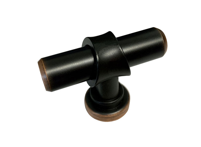 A dark oil rubbed bronze metal cabinet hardware pull knob.