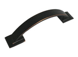 A 3 inch dark oil rubbed bronze kitchen cupboard drawer pull.