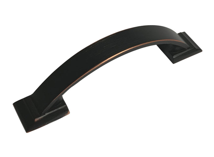 A 3 inch dark oil rubbed bronze kitchen cupboard drawer pull.