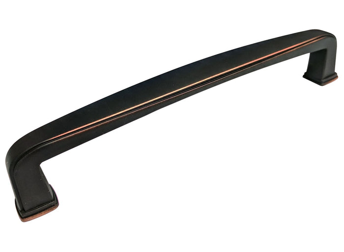 A 5 inch dark oil rubbed bronze kitchen cabinet pull handle.