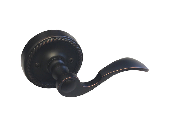 Dark Oil Rubbed Bronze finished dummy door handle lever with a round rose mounted on a flat surface.