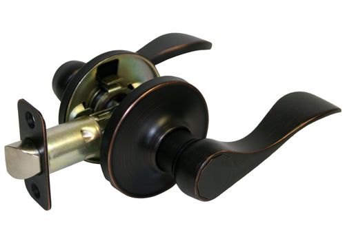 Dark Oil Rubbed Bronze passage door handle lever on a round rose mounted on a door.