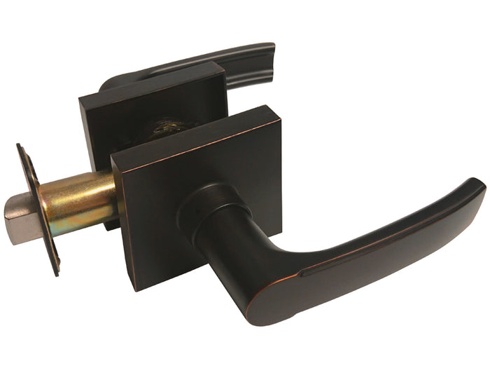 Dark Oil Rubbed Bronze Square Passage Door Handle with a lever design.