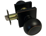 Dark Oil Rubbed Bronze square plate with passage round knob door hardware.