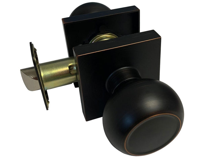 Dark Oil Rubbed Bronze square plate with passage round knob door hardware.