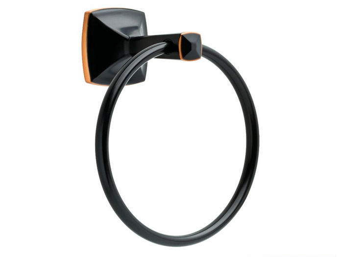 A wall-mounted towel ring from the Delta Ely Collection with an oil rubbed bronze finish.