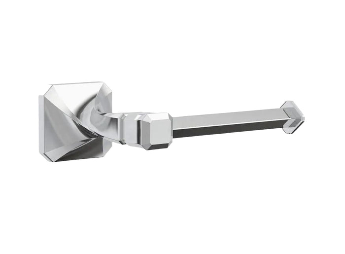 A polished chrome toilet paper holder with a geometric design, part of the Napier Collection.