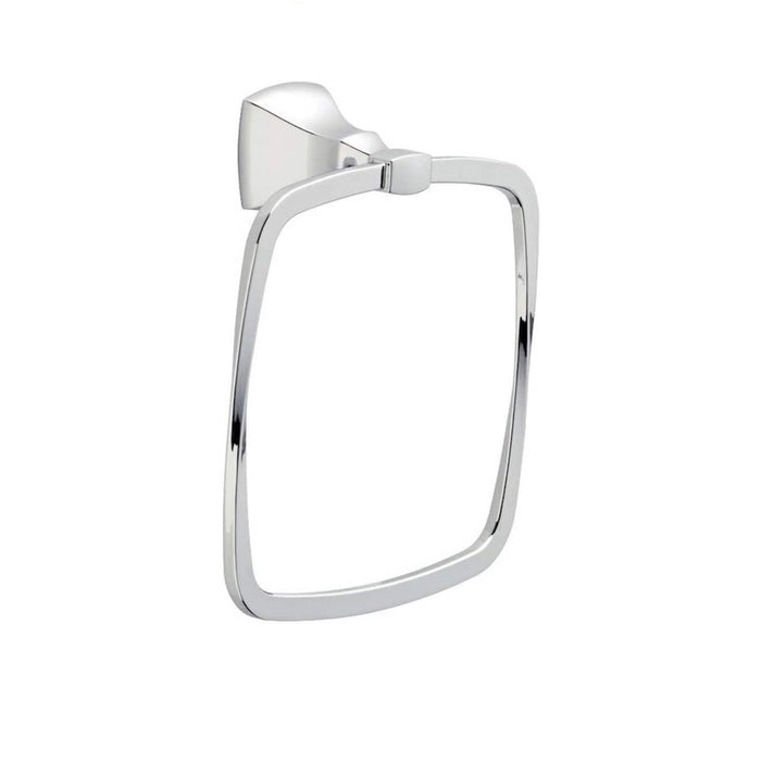 A polished chrome wall mount towel ring from the Delta Sawyer collection, featuring a sleek, modern design with a mounted bracket on top.