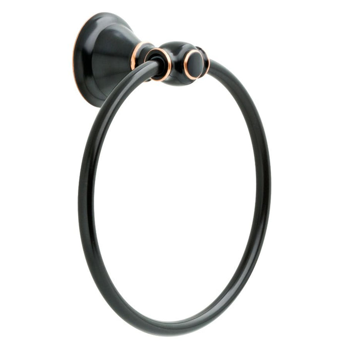 Delta Windemere II Oil Rubbed Bronze Towel Ring, with a black finish and bronze accents on the mounting brackets.