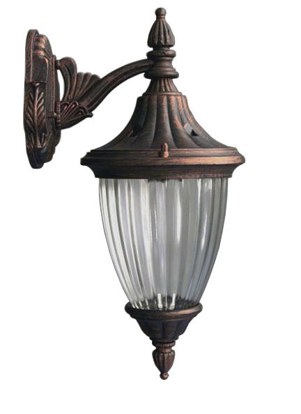 A wall-mounted bronze or dark finish exterior lantern lighting fixture with clear ribbed glass and a medium bulb base.