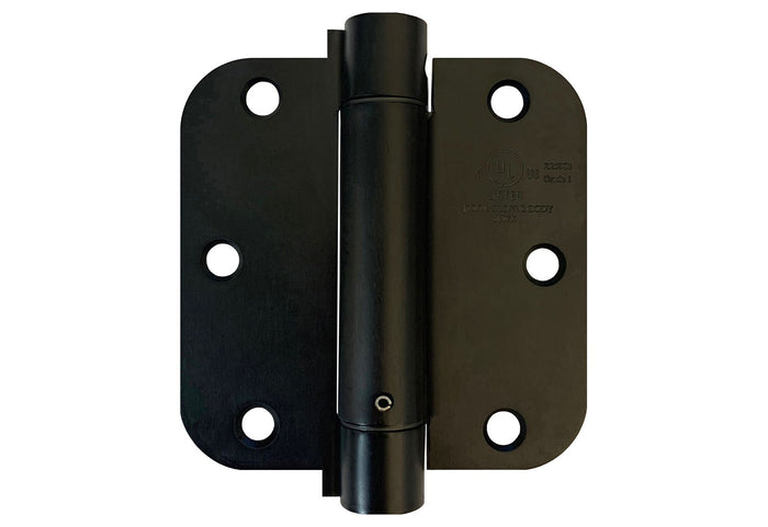 A single oil rubbed bronze self-closing spring door hinge with 5/8 inch radius corners.
