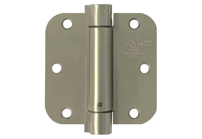 A satin nickel self-closing spring door hinge with 5/8 inch radius corners.