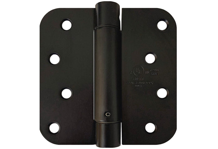 A heavy duty spring hinge with a square oil rubbed bronze finish, designed for self-closing doors.