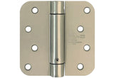 A satin nickel finish heavy duty spring door hinge with 5/8 inch radius corners and a silver appearance.